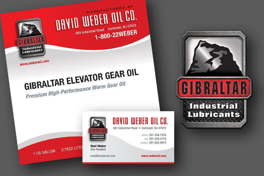 logo, business card, and drum label for David Weber Oil Co, showing cohesive branding
