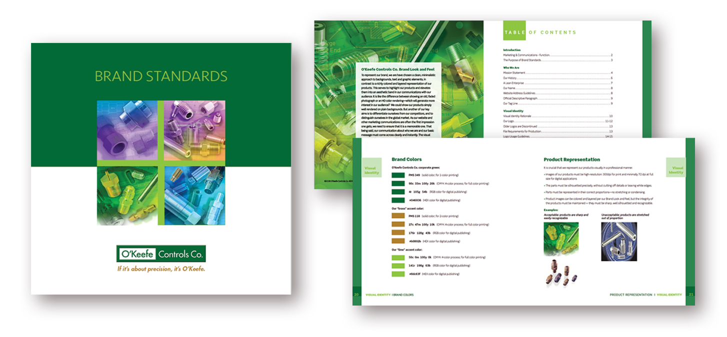 Brand standards Cover and sample pages of O'Keefe Controls Brand Standards Manual