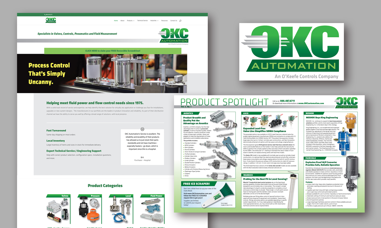 OKCA Branding Logo, website and Sales brochure showing consistent branding - OKC Automation