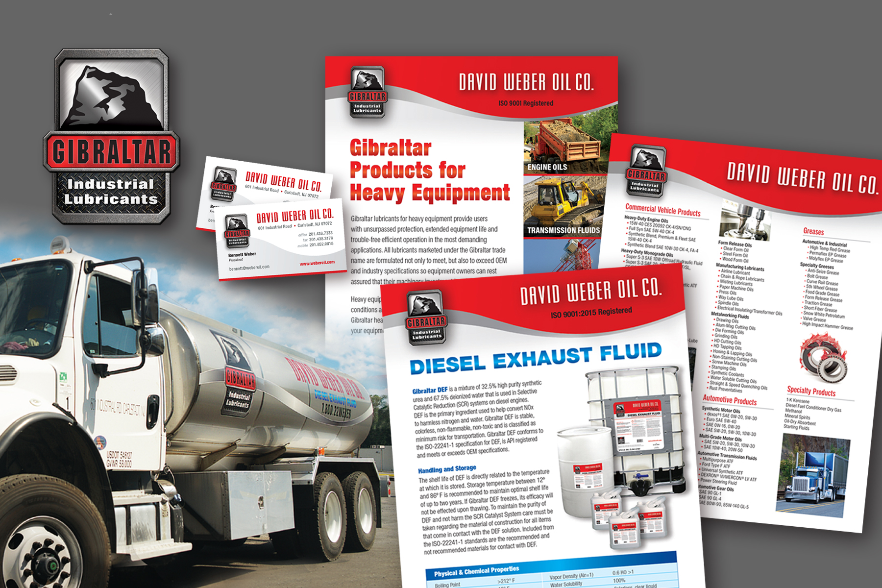 Branding System for Weber Oil Co., showing Gibraltar brand product logo, business cards, sell sheet, Tanker Truck graphics