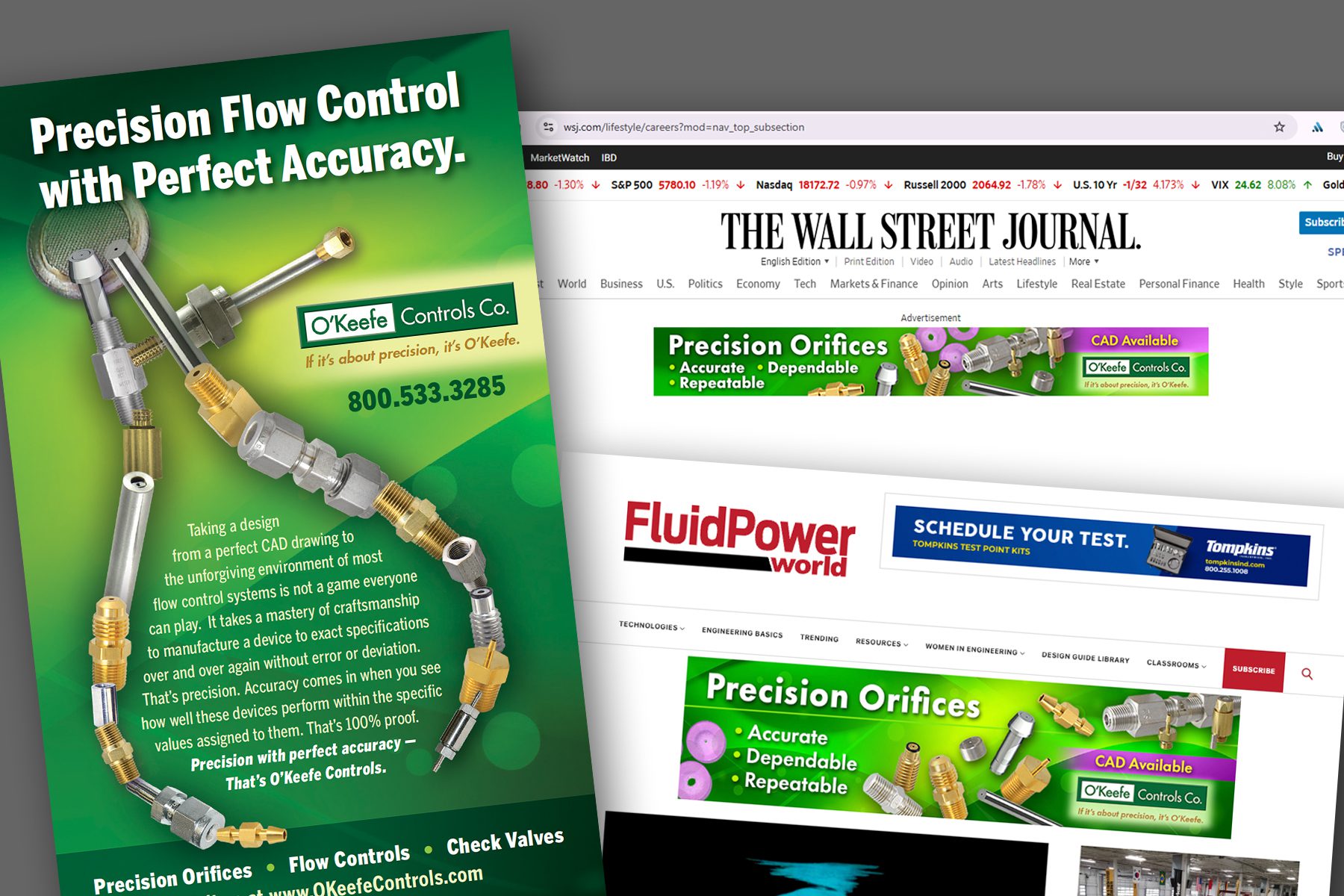 O'Keefe Controls print ad, and digital ads in The Wall Street Journal and Fluid Power World