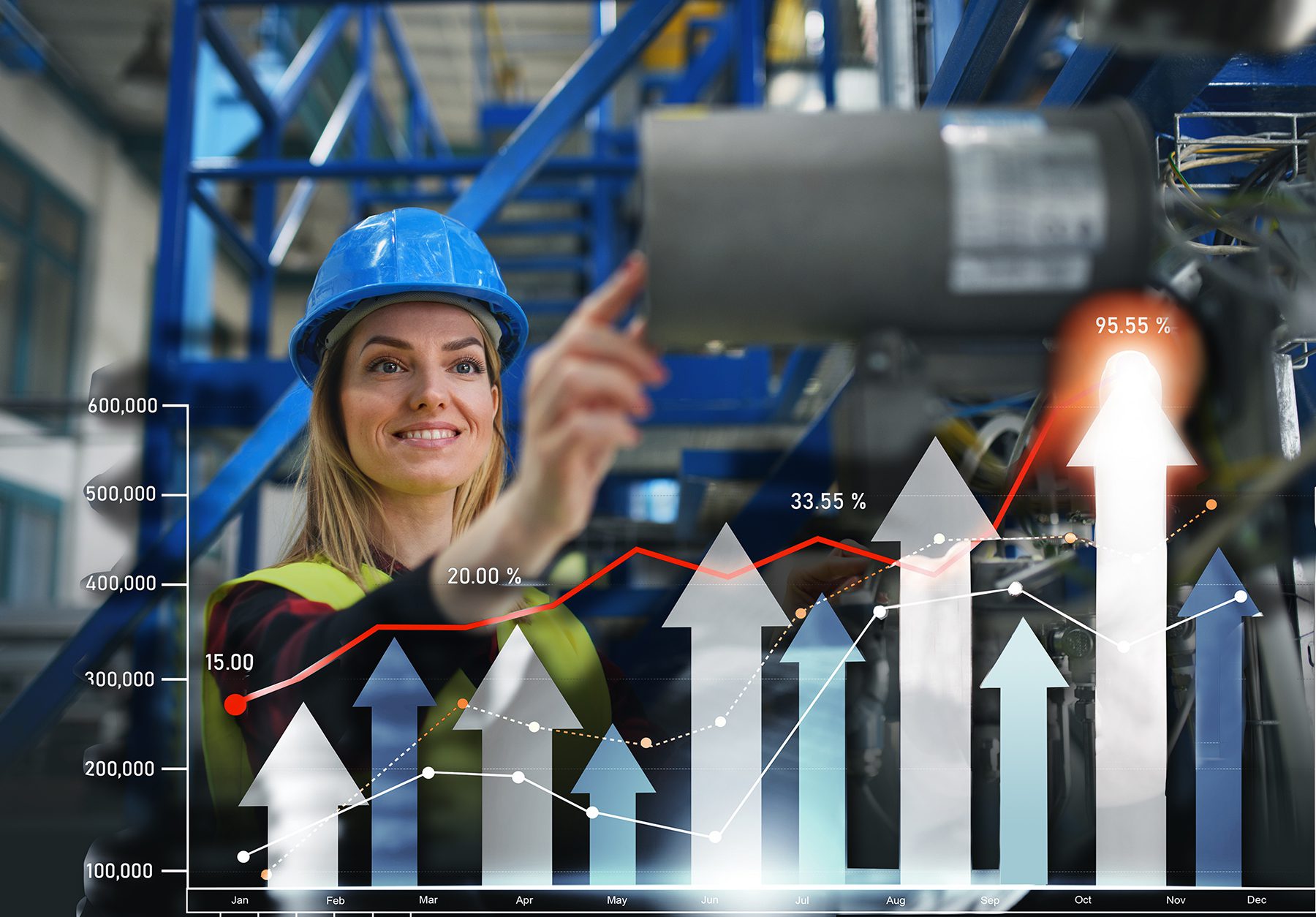 smiling woman engineer in hardhat, working in plant. image is overlayed with bar graphs showing rising statistics