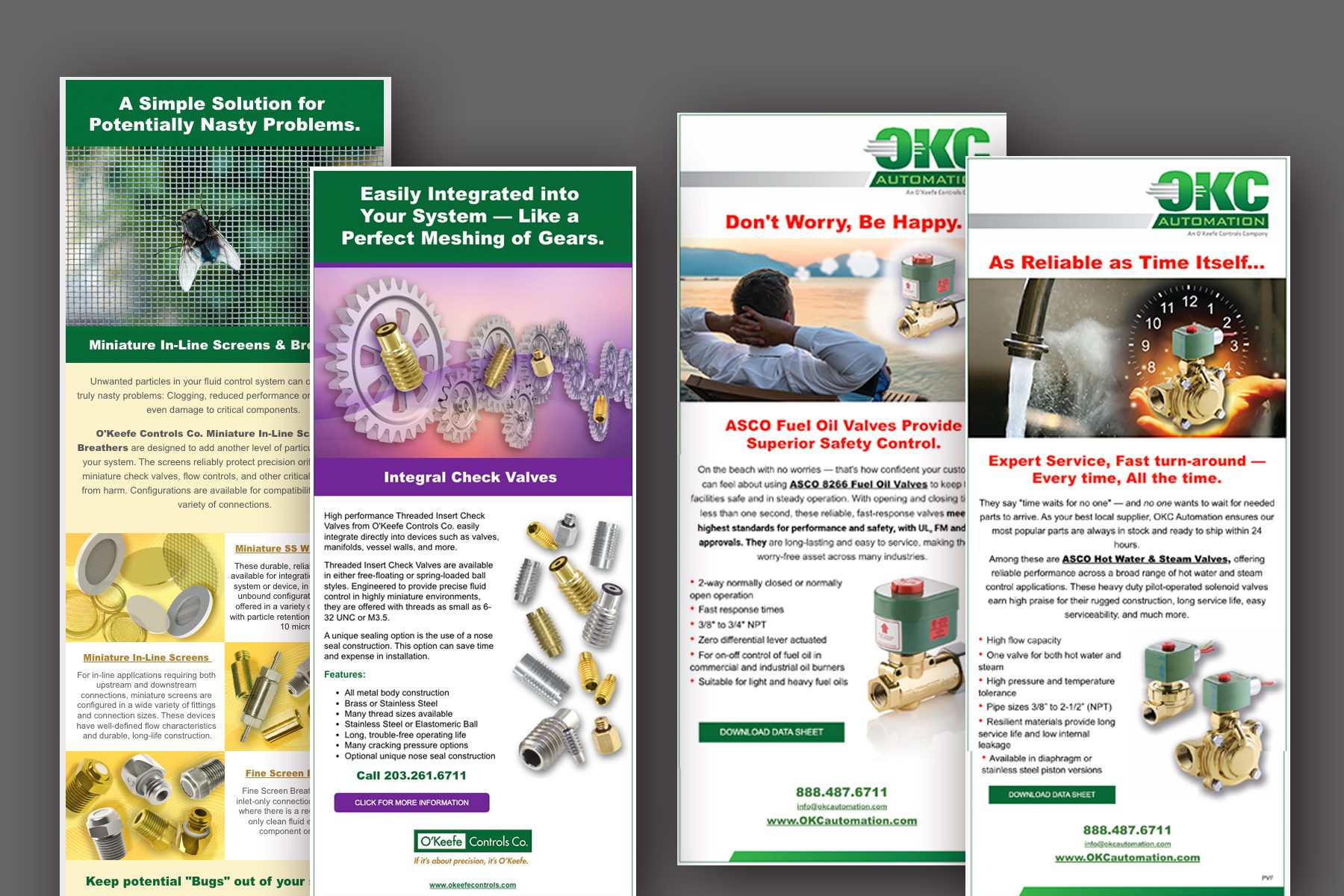 Product emails promoting Check Valves, Miniature Screens, and ASCO solenoid Valves