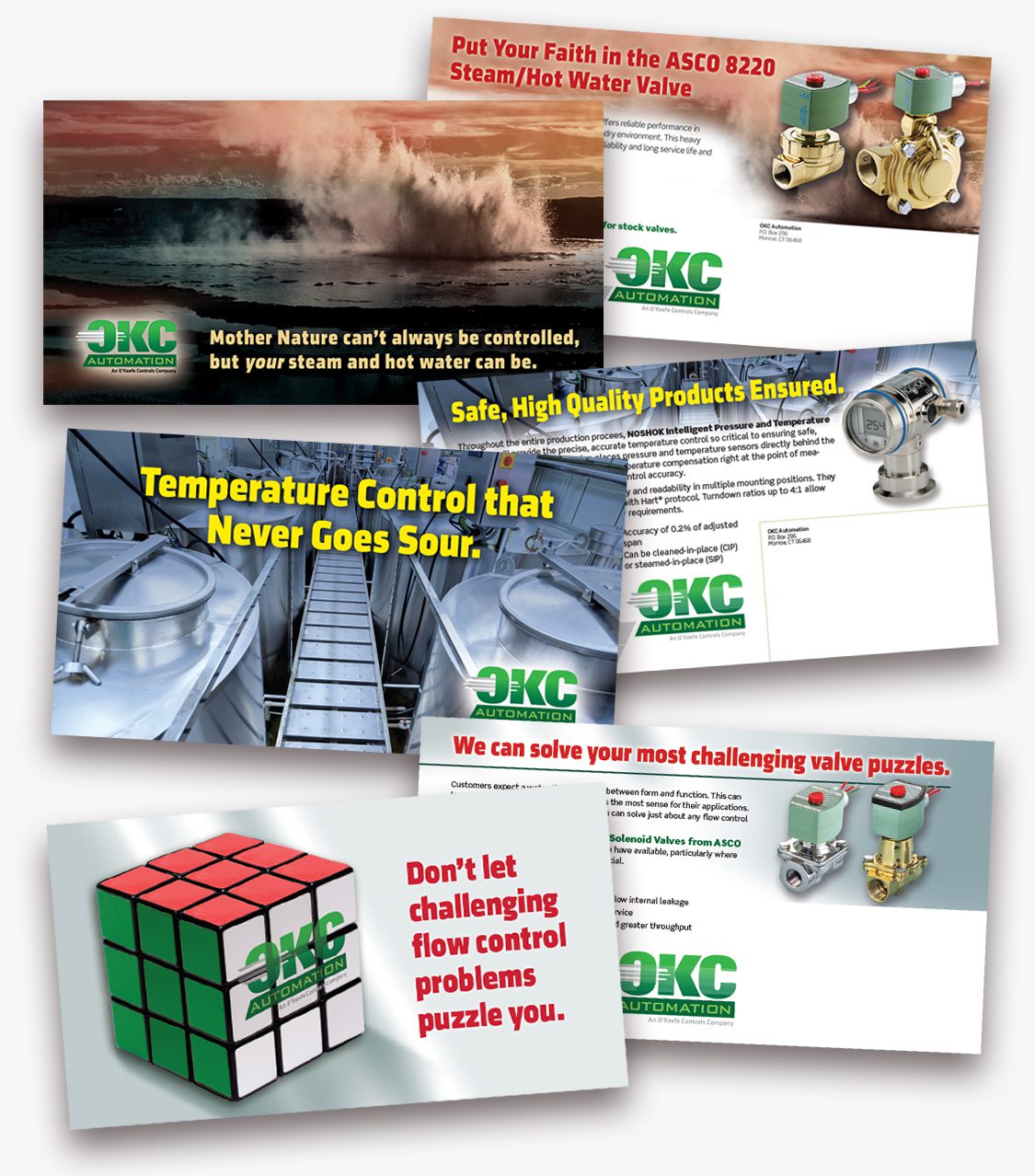 Postcarrds Three direct mail postcards targeted to different industries that use fluid control products