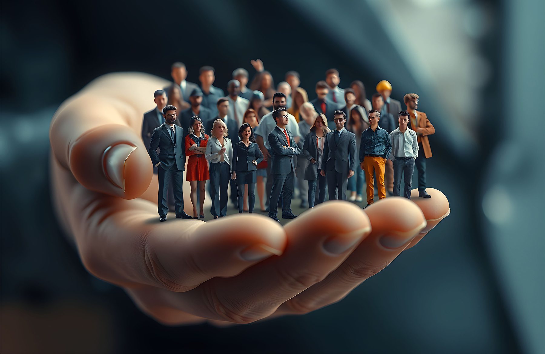 Lead nurturing concept- businessman's hand holding a number of diverse human figurines