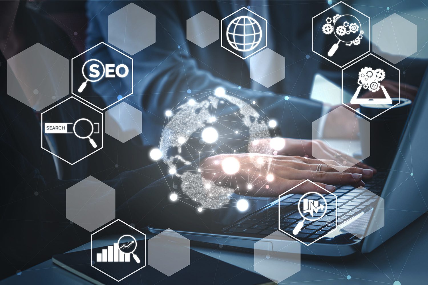 SEO - Search Engine Optimization for industrial Online Marketing Concept. Modern graphic interface showing symbol of keyword research website promotion by optimize customer searching.