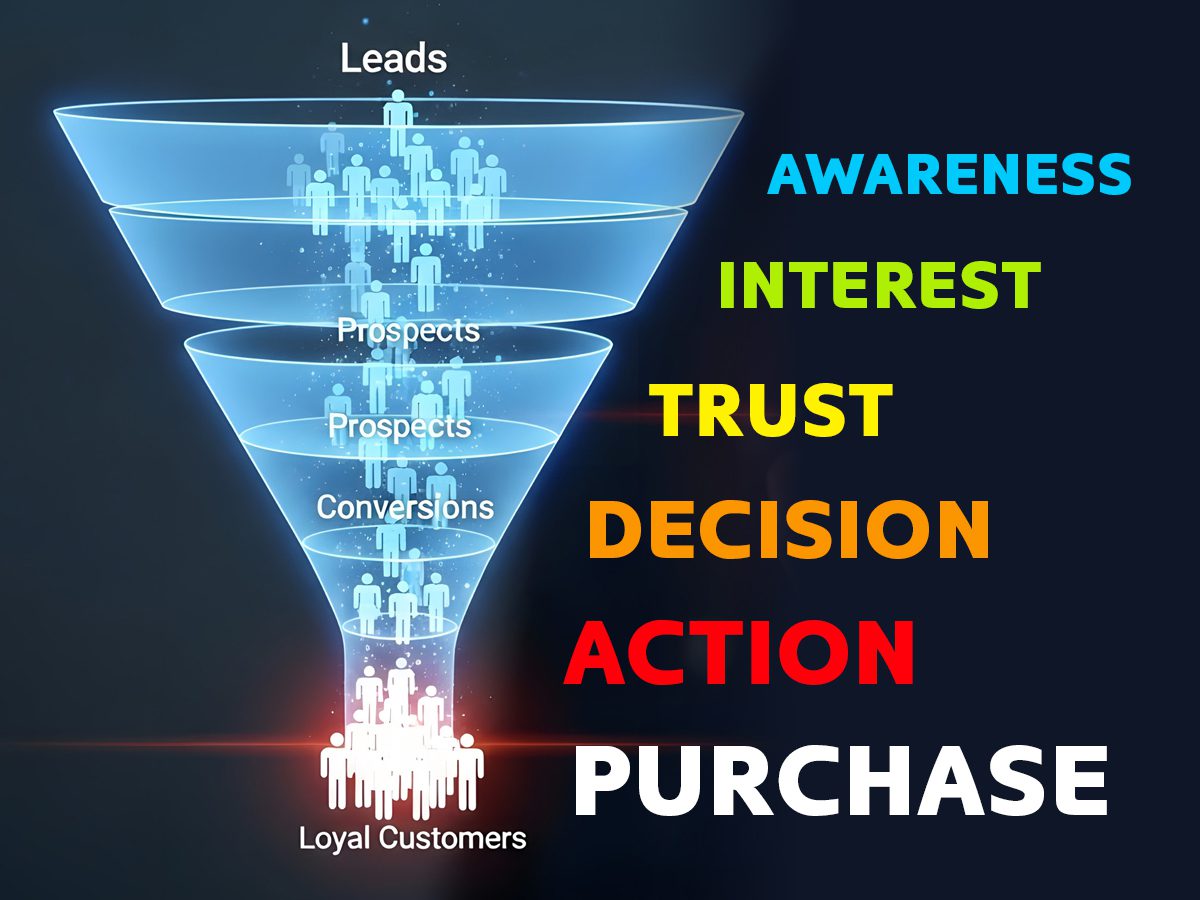Sales funnel illustration showing leads turning into customers by going down funnel from awareness to interest, trust, decision, action and finally purchase.