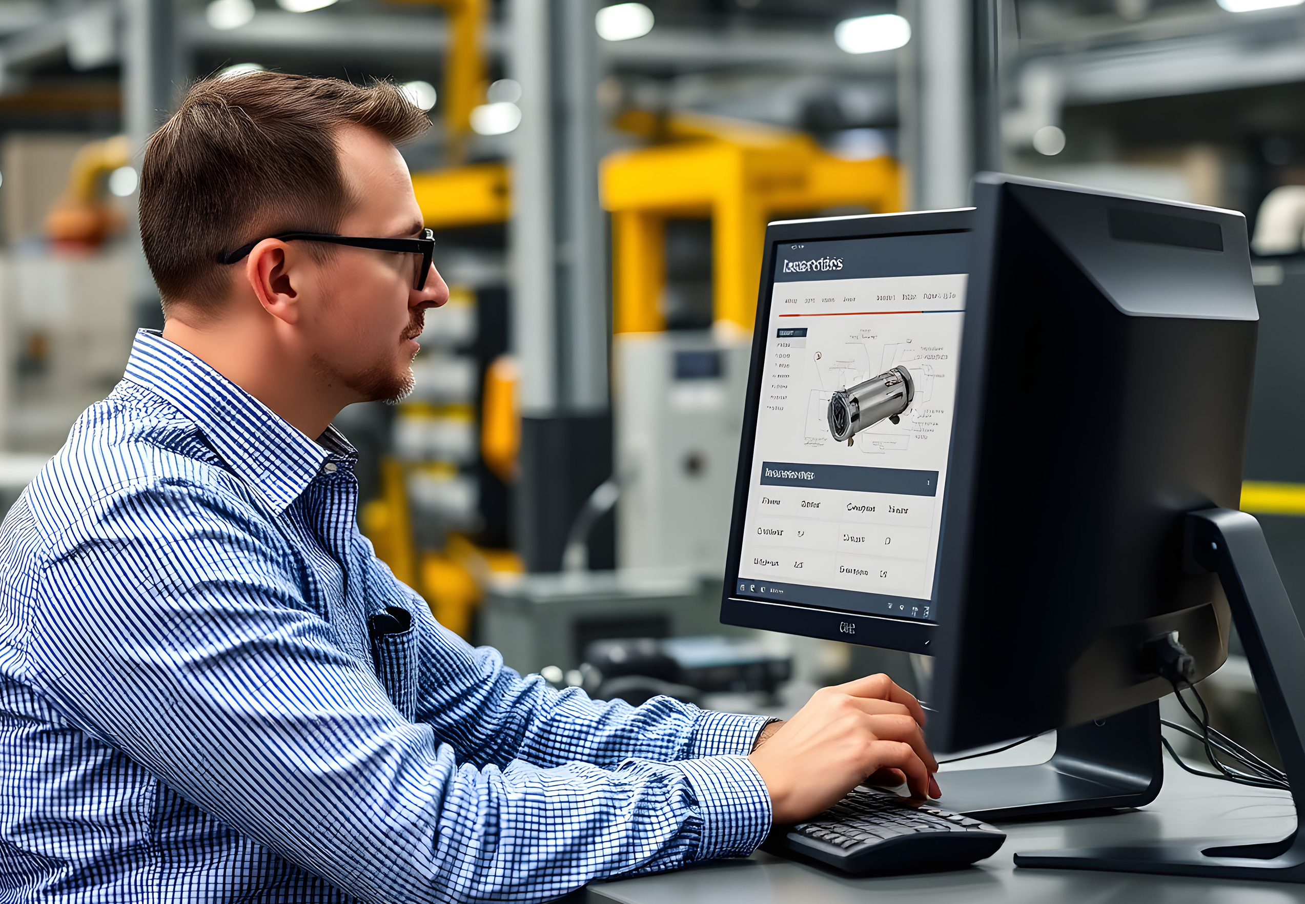 engineer viewing website with technical content - a CAD model and technical specifications