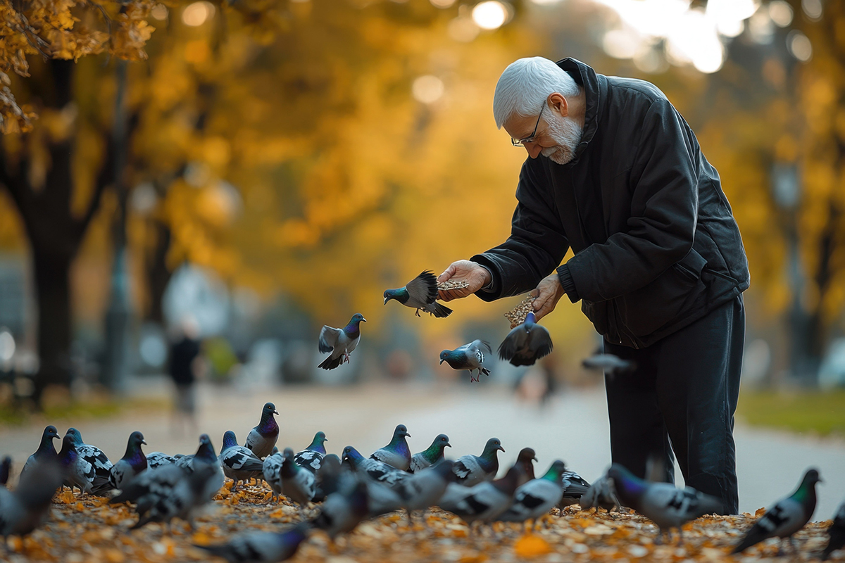 Man feeding a flock of pigeons in the park - analogy for going where your audience is in industrial advertising