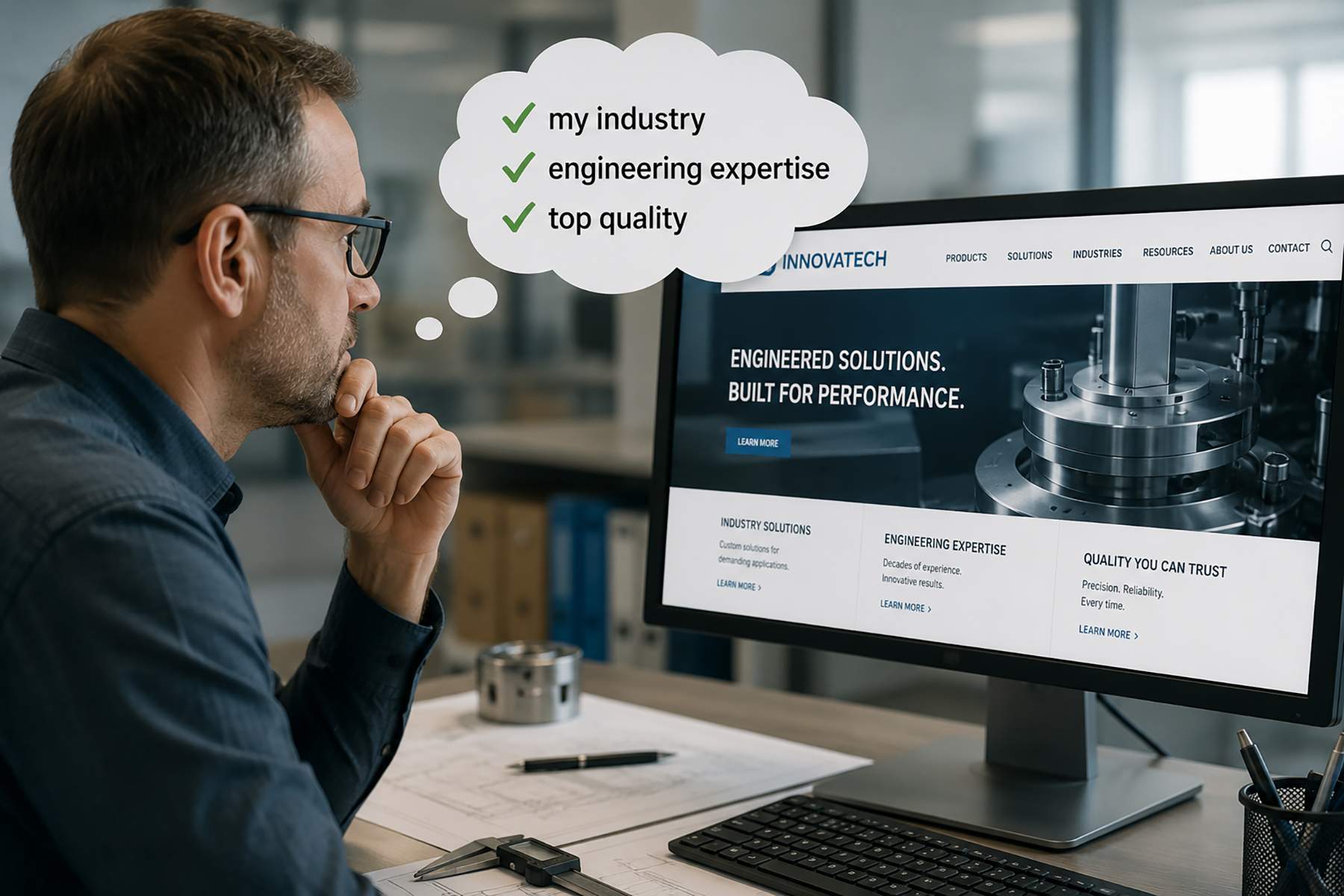 Engineer looking relating to a website online because it is clear it is for his industry, it's top quality, and there is technical expertise