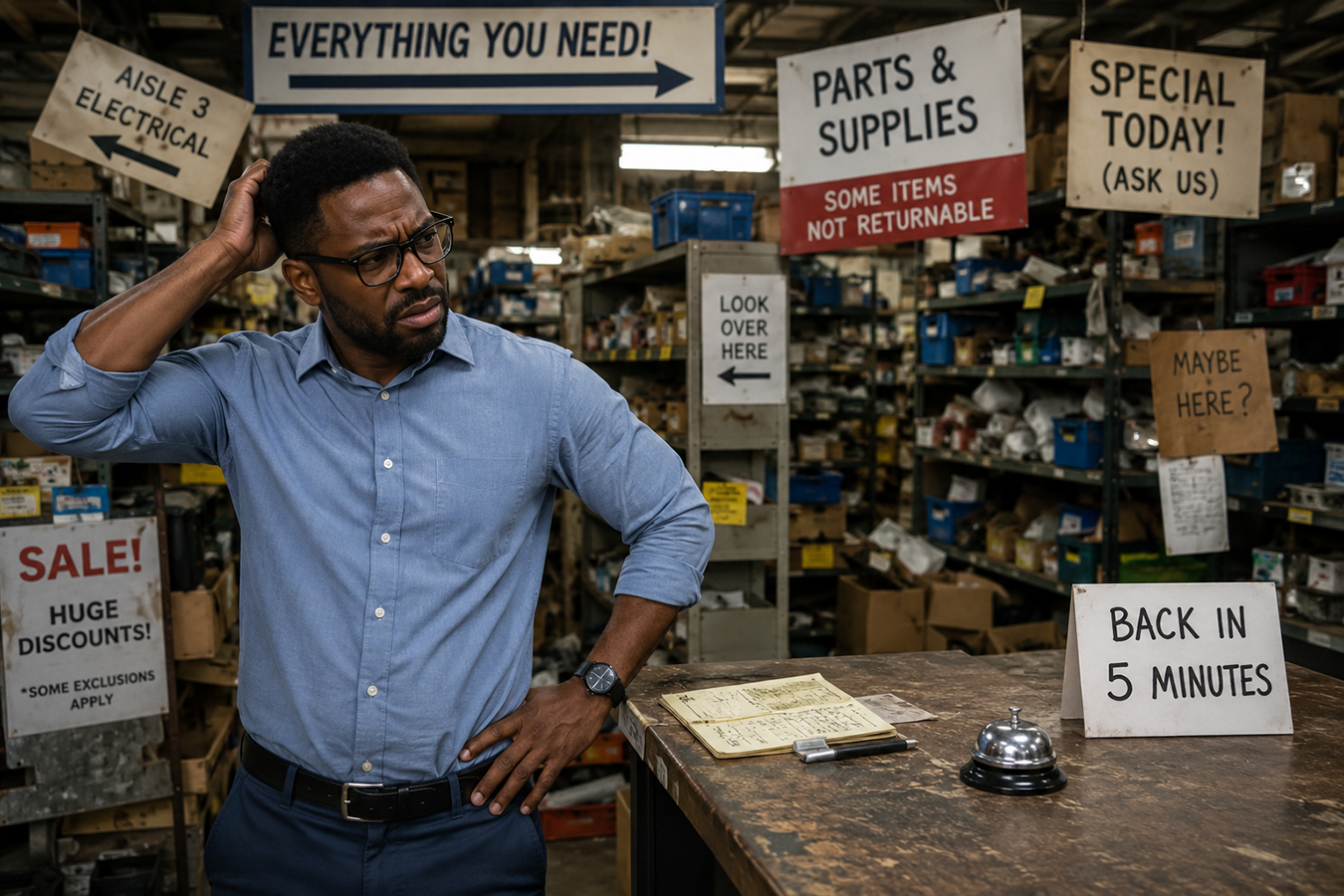 Engineer in "website store" looking confused- there are all kinds of confusing labels on the shelves and a bell on the help counter saying "be back in 5 minutes"