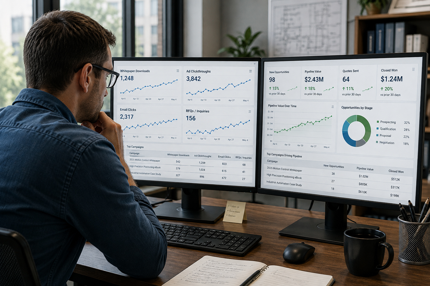 Engineer looking at two computer screens- one of marketing metrics , the other of sales statistics