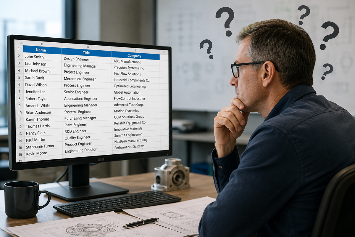 Engineer looking at a spreadsheet of leads on his computer with question marks around his head