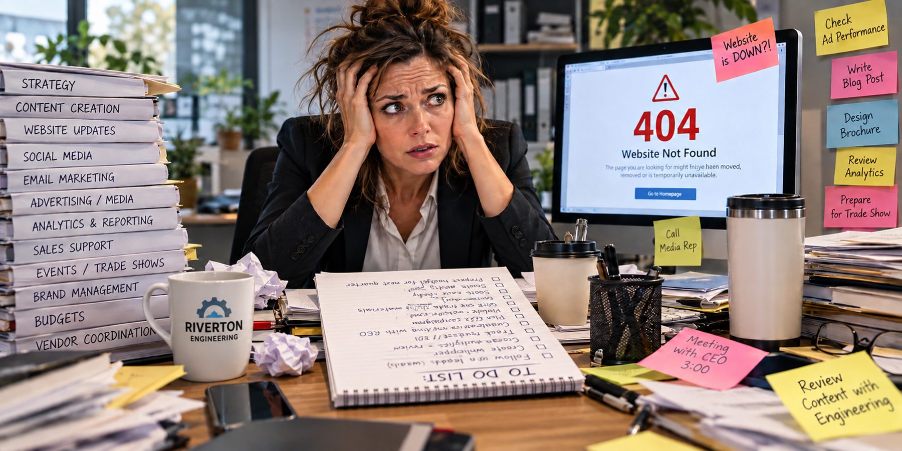 Completely overwhelmed industrial marketing manager at her desk which is covered with sticky notes, piled with binders and folders of work projects and shows a long, unfinished "to do" list