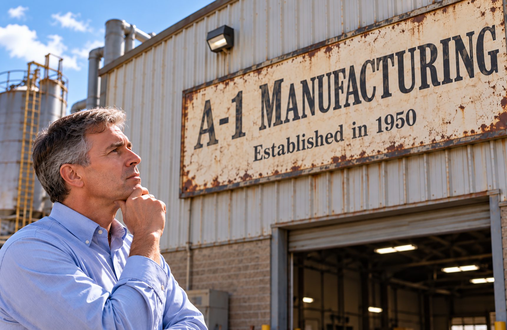 Manufacturing Business owner outside his plant considering the very dated signage and logo displayed on the building