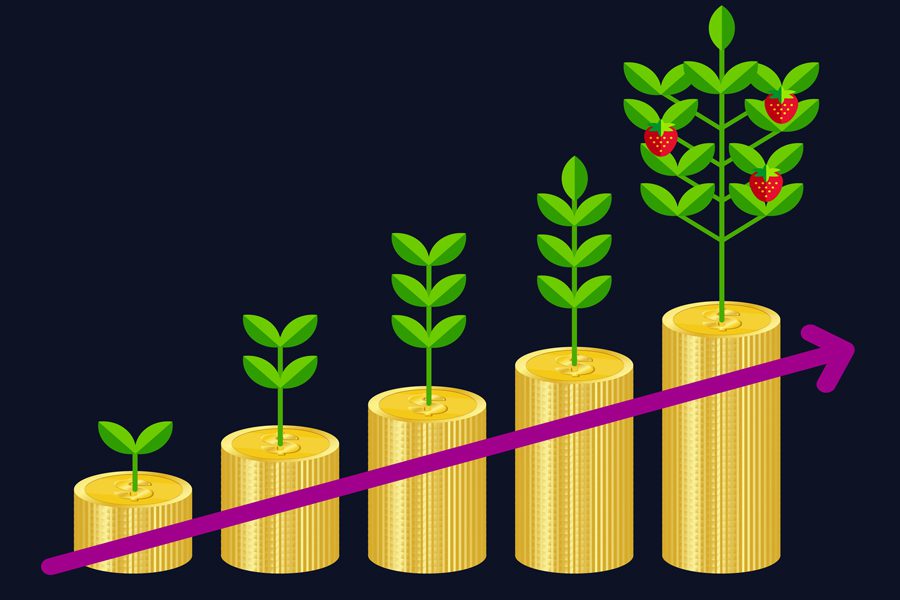 growth image - increasing pik=les of stacked coins and plant icon on top growing larger